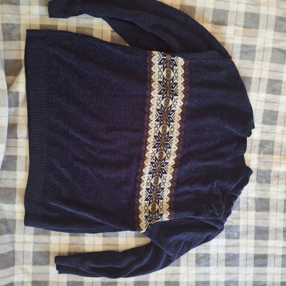 XL Men's Navy Blue Patterned Sweater Vintage